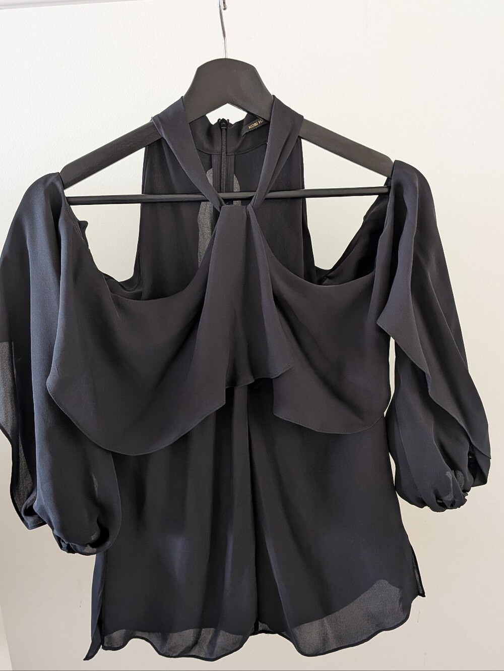 Kobi Halperin Black Silk Cold-Shoulder Ruffle Blouse
